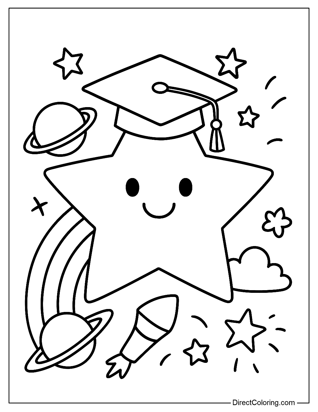 a star coloring page with a smiling face, wearing a graduation cap, surrounded by planets and a rainbow